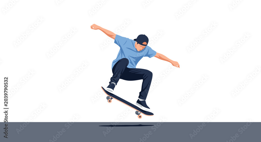 Fototapeta premium Skateboarder performing an ollie jump in mid air against a white background representing street culture and athletic skill.