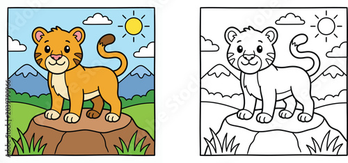 Canvas Print Cute Cartoon Lion Cub Coloring Page and Colored Version, Little Cougar Standing