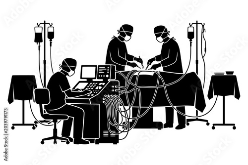Surgeons Operating on a Patient in a Hospital Room Silhouette Vector