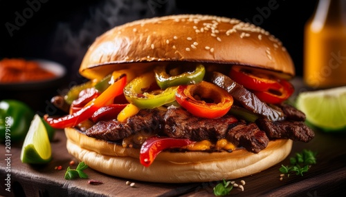 fajita inspired burger grilled beef strips sauteed peppers onio