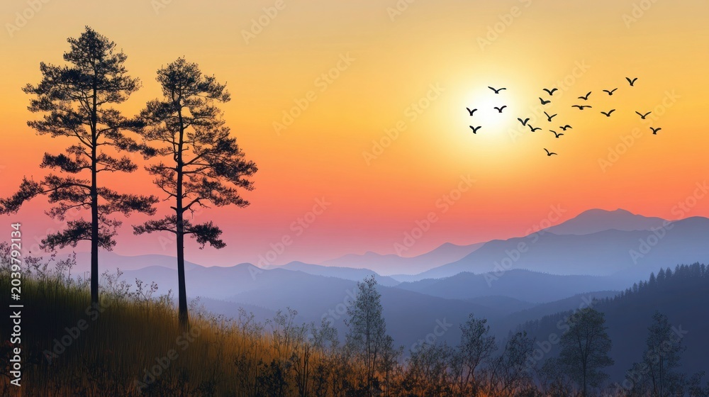 Fototapeta premium Silhouette pine trees overlooking misty blue mountain ranges during a golden hour sunset with flying birds