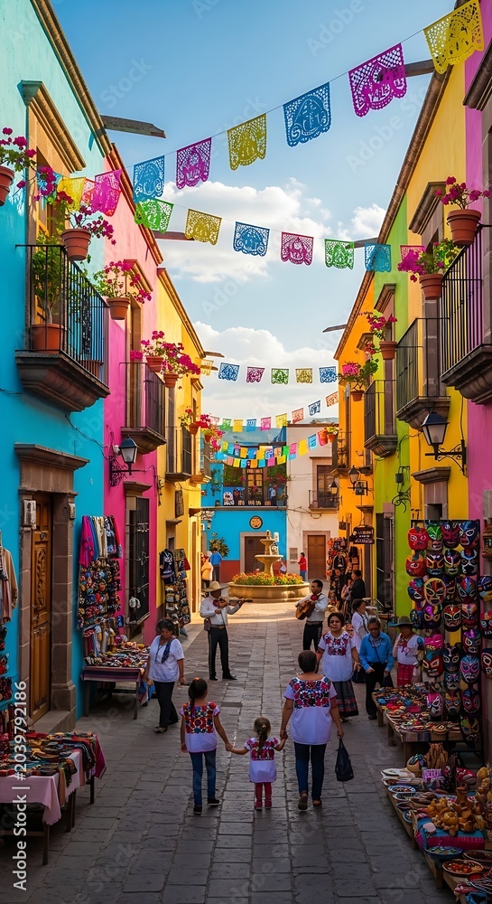 Fototapeta premium Colorful Colonial Street Decorated with Papel Picado and Market Stalls in Sunny Mexican Town