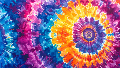 Vibrant psychedelic spiral pattern, watercolor tie-dye effect in rainbow colors, abstract circular design, creative background for posters and textiles