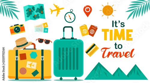 Travel concept background with suitcase, passport, airplane, and map. Flat vector illustration featuring vacation essentials for holiday planning, tourism agency, and adventure marketing banners.