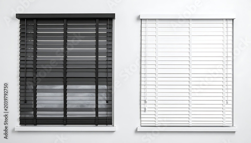 Two contrasted window blinds, one black and one white, showing a simple design choice on a plain wall