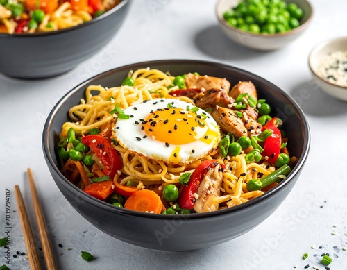 A vibrant culinary creation, featuring a black bowl of noodles, topped with a fried egg, vegetables, and chicken. Additional ingredients appear in other bowls