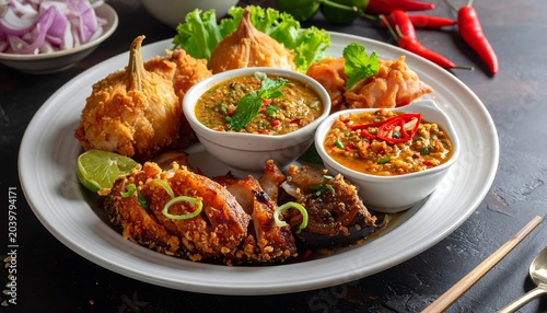 A vibrant culinary display showcasing various fried and savory dishes, accompanied by dipping sauces, fresh herbs, and colorful garnishes