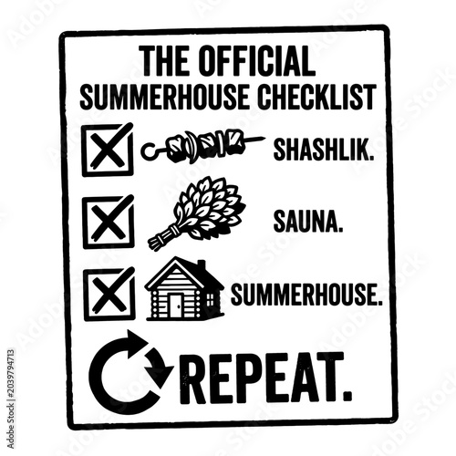 Summerhouse checklist with sauna, shashlik, and repeat icons for vacation planning. digital illustration for banner, poster, packaging, website, advertising, and social media design use