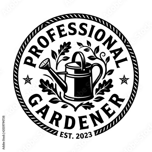 Professional gardener logo with watering can and leafy plant design. Gardening emblem featuring vintage botanical illustration. Concept logo for gardening business or gardener branding.