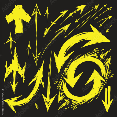 Doodle arrows collection on black background sketch