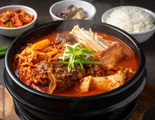 A vibrant culinary presentation features a steaming, savory stew brimming with vegetables and meats, served with side dishes and rice