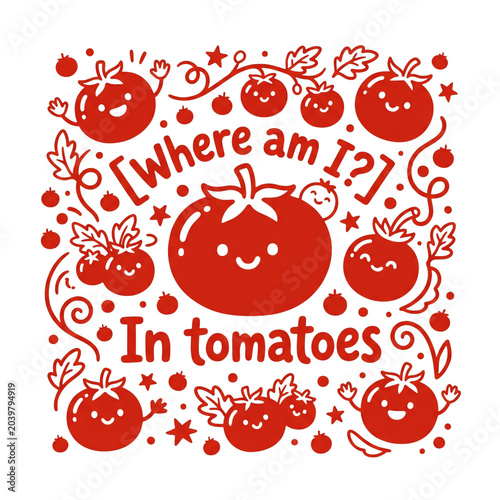 Playful cartoon tomatoes with question mark in speech bubble surrounded by smiling tomato faces. Whimsical vegetable design for food branding and playful illustrations.