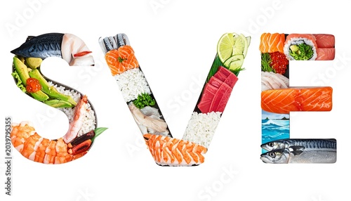 A vibrant culinary presentation using diverse sushi ingredients to spell out a word. The arrangement highlights colorful fish, rice, and fresh garnishes