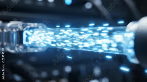 Close up of glowing blue fiber optic cables transmitting data