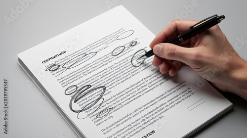 Hand holding pen reviewing and marking a document