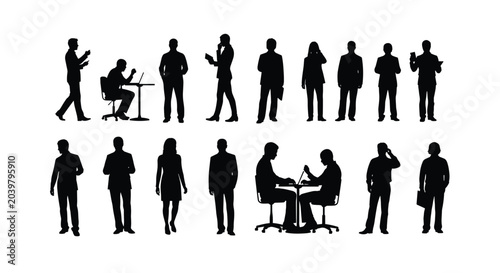 Large group of human silhouettes in professional business poses including people sitting at desks walking and working on laptops.