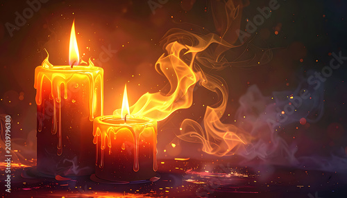 Two lit candles with dripping wax, casting a warm glow with visible smoke and glowing embers, atmospheric, cozy mood