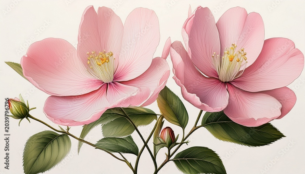 Obraz premium botanical drawing of two delicate pink flowers on a green stem with a small bud and leaves on a white background
