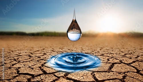 water droplet falling on cracked dry earth symbolizing drought and water scarcity