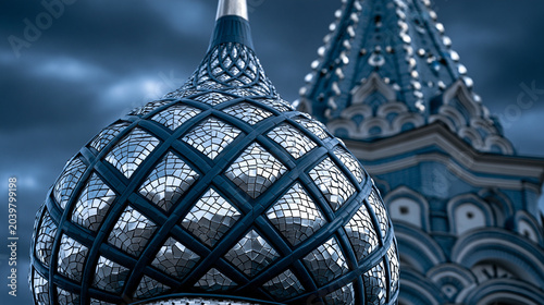 Onion dome of Saint Basil's Cathedral in infrared converted tonal rendering, ceramic tile mosaic patterns shifting to luminous silver tones, kokoshnik gable brickwork glowing against darkened Moscow