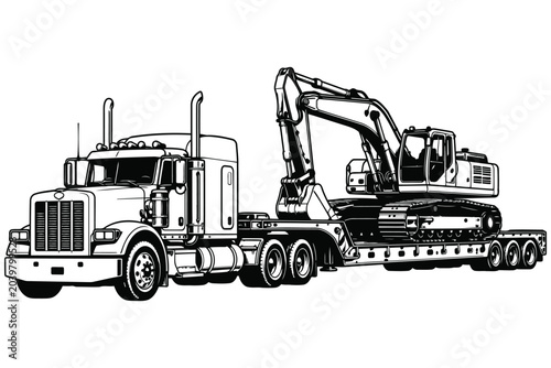 Valokuva Truck transporting heavy excavator on trailer