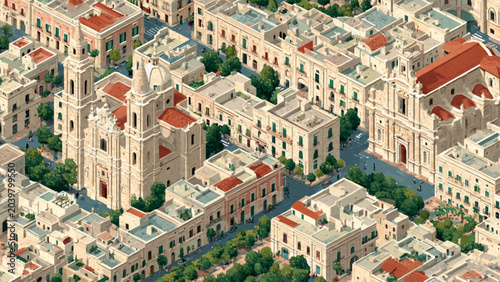 Aerial view of historical European cityscape with Gothic architecture and terracotta rooftops