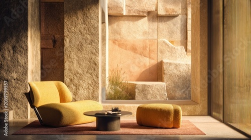 Contemporary interior space features a vibrant yellow armchair beside a dark circular table against textured stone walls