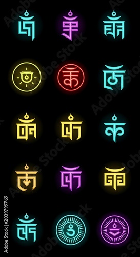 Colorful Glowing Chakra Symbols Arranged on Black Spiritual Background
