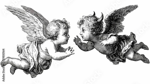 Baby angel and devil characters flying face to face in dramatic Baroque style illustration