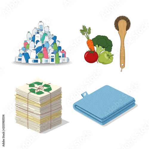 Fotografija Diverse icons symbolizing sustainable lifestyle choices, promoting recycling, fr