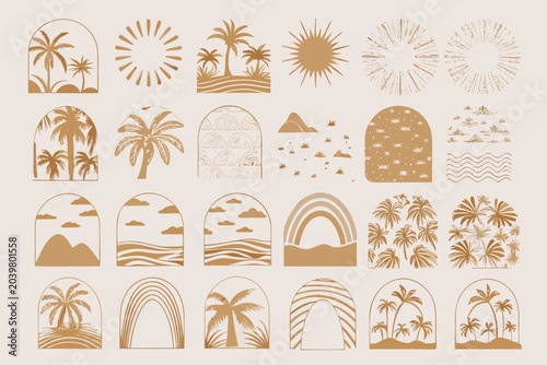 Obraz na płótnie Boho Landscape Illustrations Palm Trees Mountains And Sunbursts In Beige
