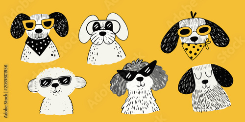 Schilderij op canvas dogs wearing sunglasses illustration canine eyewear funny