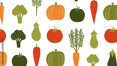 Assorted colorful garden produce items are repeated across a bright white background in a seamless pattern