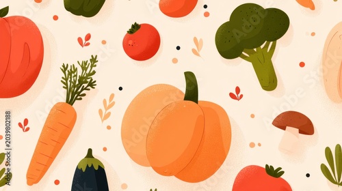 Colorful harvest vegetables are arranged in a cheerful, repeating pattern on a light background.