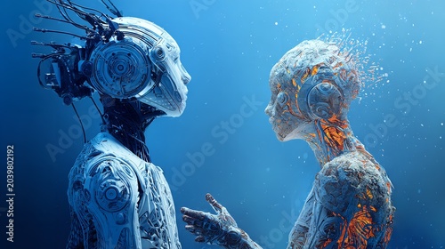 Cybernetic human forms with bio-AI enhancements, glowing implants, and a fusion of organic tissue with metallic structures