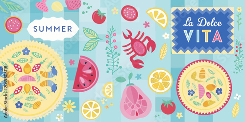 summer travel stickers colorful vector illustration food