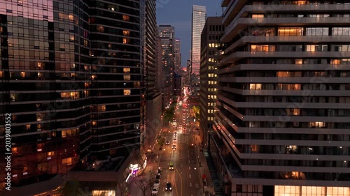 Toronto Bay Street Financial District Dusk Ascending Drone 4K