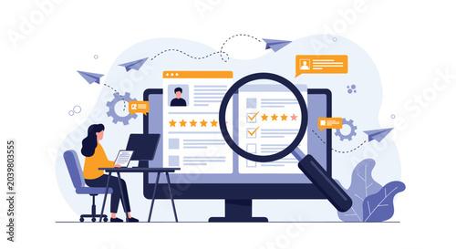 Woman using magnifying glass to review user profiles and five star feedback ratings on large computer monitor at office workspace.