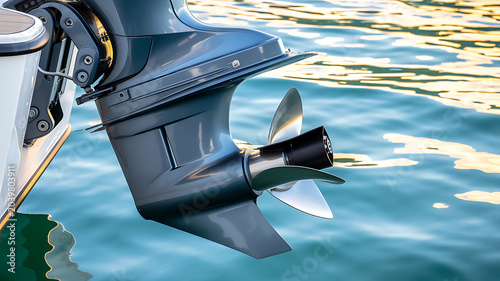 Detailed view of a grey outboard boat motor propeller and lower unit in turquoise water with warm light reflections