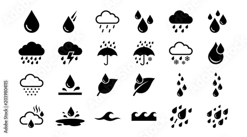 Black and white water droplet icons set with rain, snow, and weather symbols in flat line art style