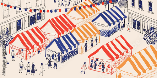 street market scene hand drawn sketchy illustration