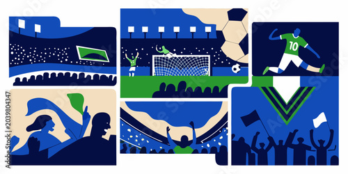 soccer match action collage in abstract vector style