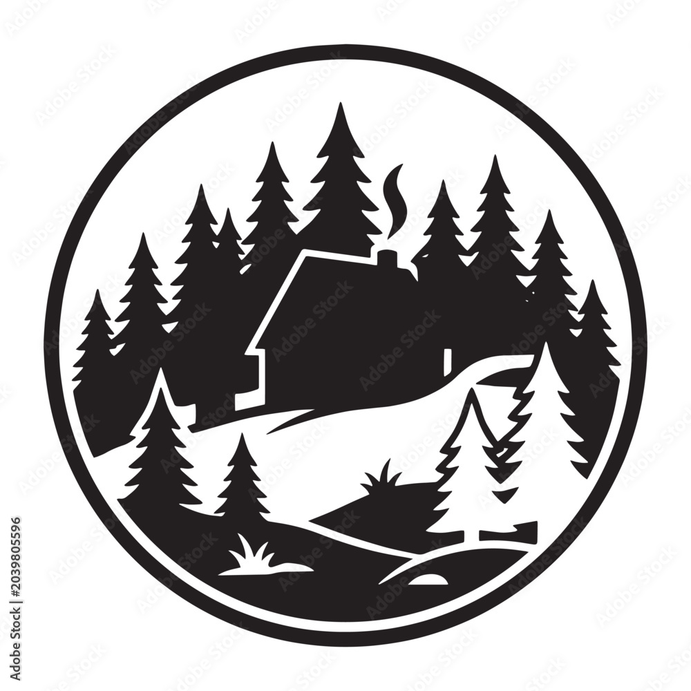 Obraz premium Circular badge with cabin in forest circular wilderness outdoors silhouette woodland adventure landscape vacation naturelovers treeline cabinlife