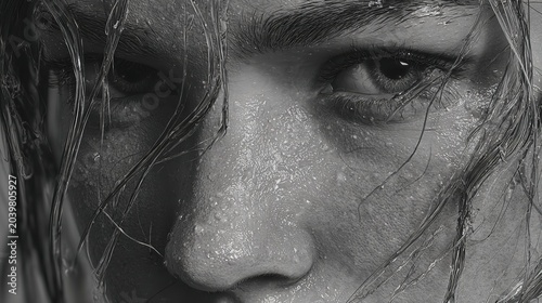A close-up exploration of intricate details in a young woman's penetrating blue eye and skin texture