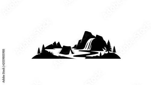Black silhouette landscape, mountain waterfall scene, nature icon, vector illustration