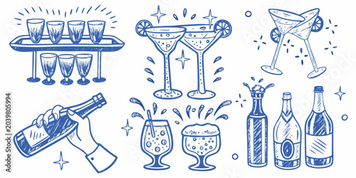 Canvas Print cocktail glasses and bottles line art wine