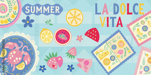 Fényképezés summer travel stickers vector illustration dolce vita