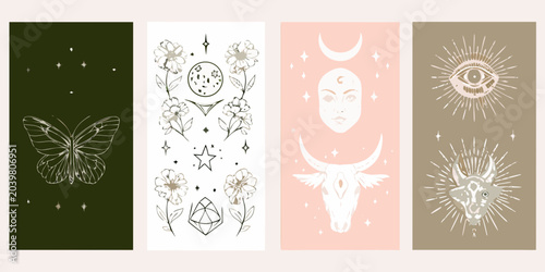 Photos mystical symbolism card set vector illustrations butterfly