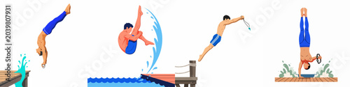 Foto Collection of flat vector illustrations depicting various male divers jumping, diving, and performing acrobatics from a wooden pier into the sea