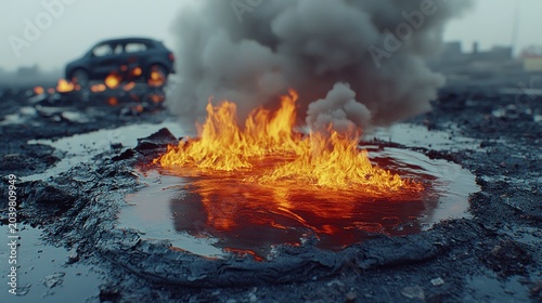 Flames rise over bubbling mud in a stark blend of fire and earth